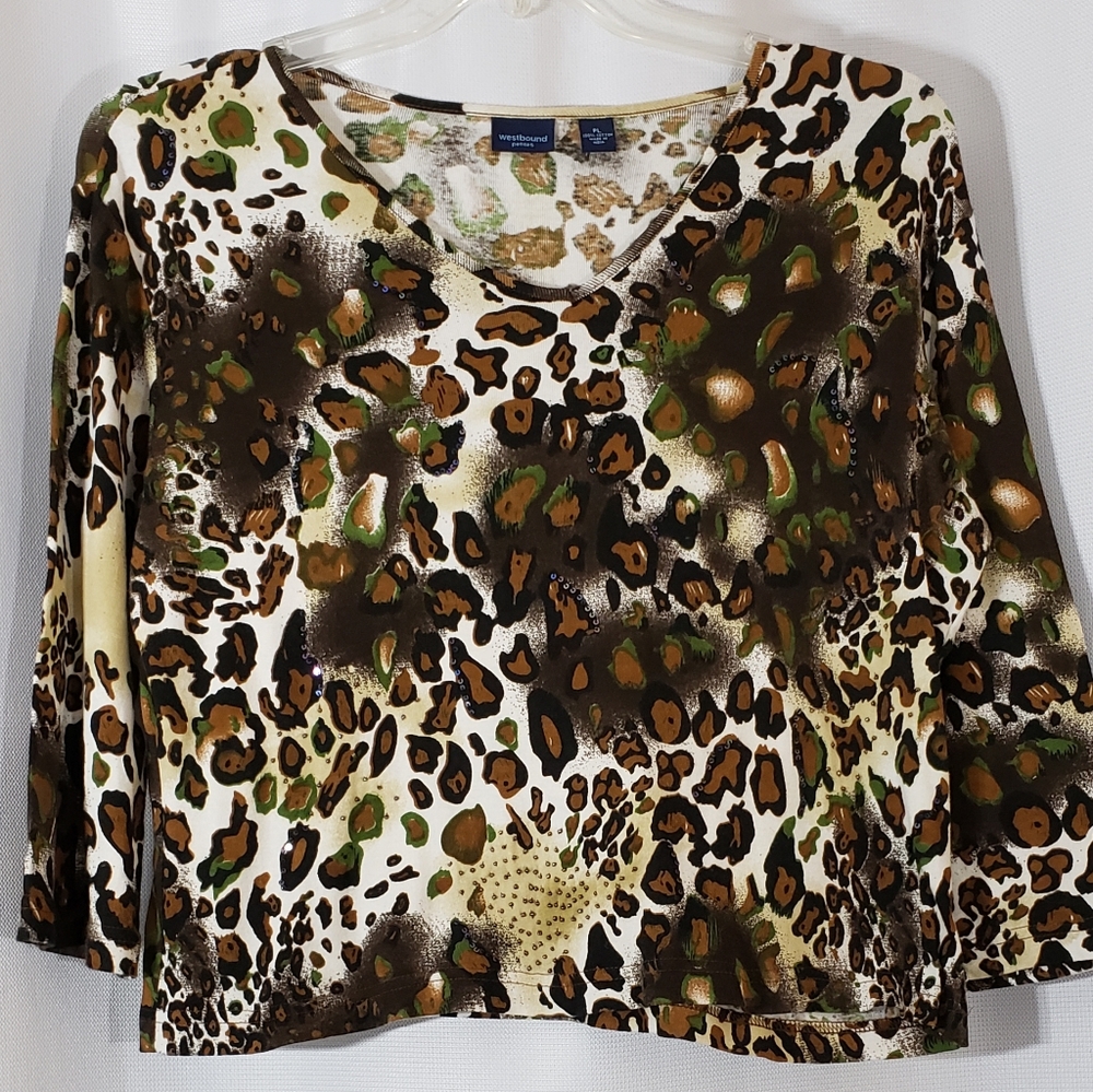 Westbound Petite Large Animal Print Top Beaded